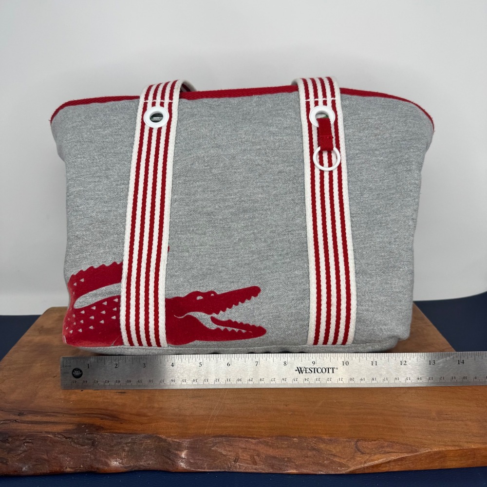 Y2K Lacoste Tote Bag Gray Sweatshirt Red Striped Velvet Crocodile Logo - Picture 12 of 13